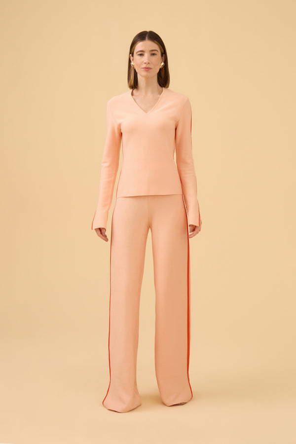 Calça Pantalona Detalhe Bicolor Em Tricot Comb. Light Peach