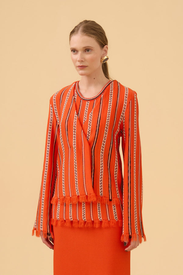 Casaco Curto Transpassado Detalhe Franjas Em Tricot Comb. Vermelho Scarlat