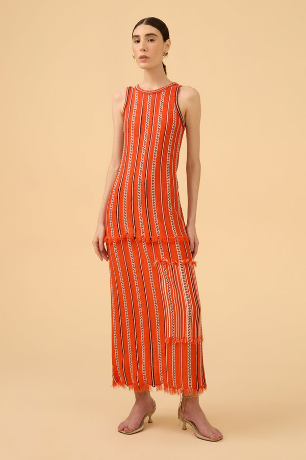 Vestido Reto Detalhe Franjas Em Tricot Comb. Vermelho Scarlat