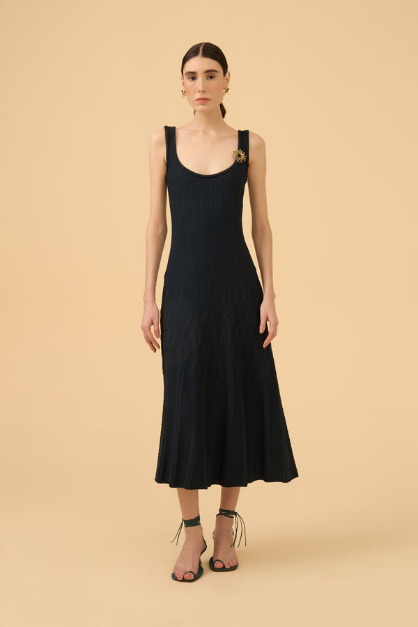 Vestido Mídi Jacquard Textura E Tricot Verde Escuro