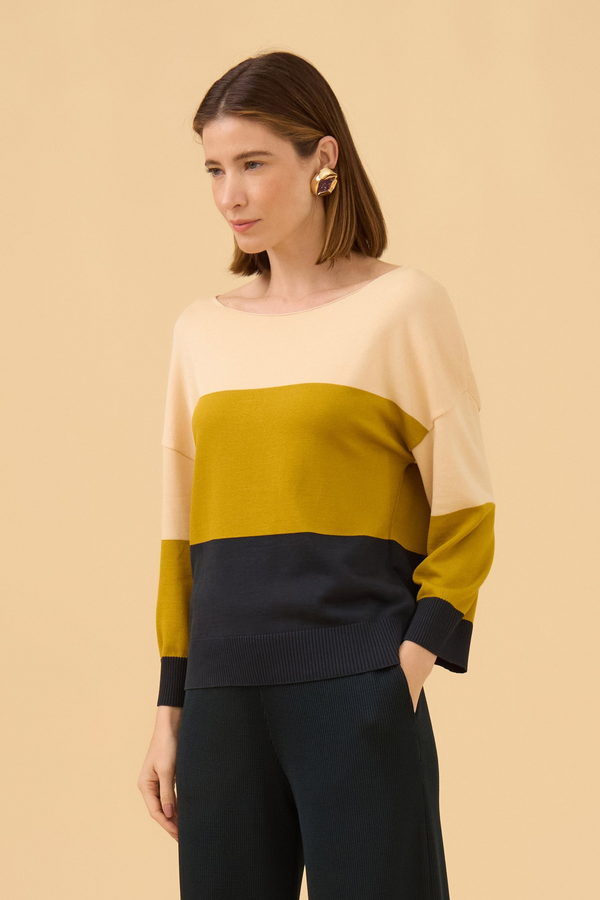 Blusa Listras Largas Em Tricot Azeite