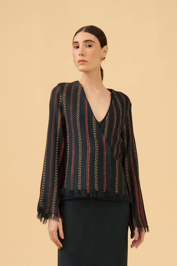 Casaco Curto Transpassado Detalhe Franjas Em Tricot Comb. Verde Escuro