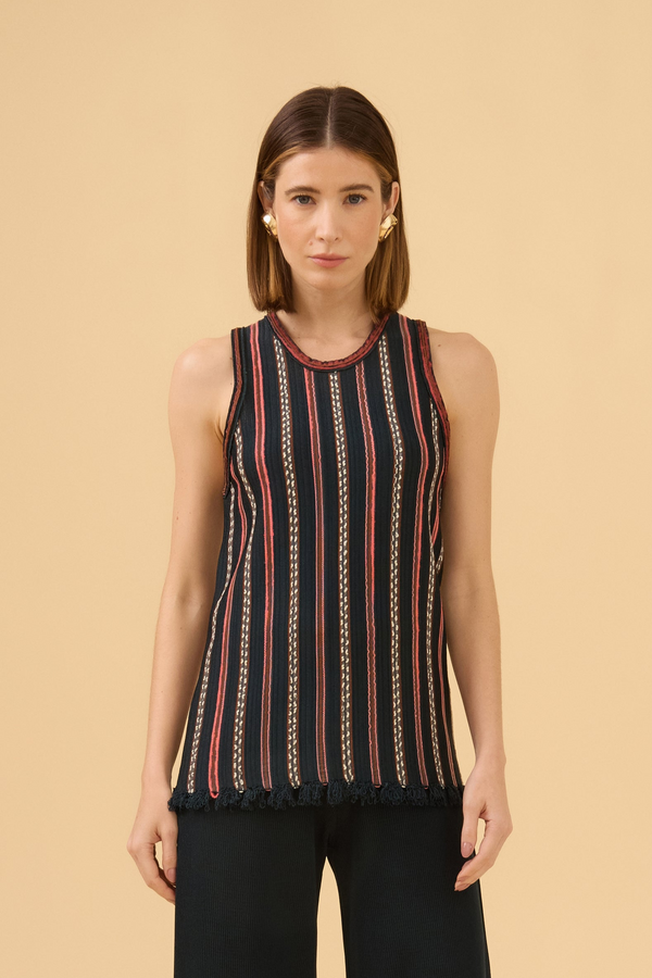 Regata Justa Detalhe Franjas Em Tricot Comb. Verde Escuro