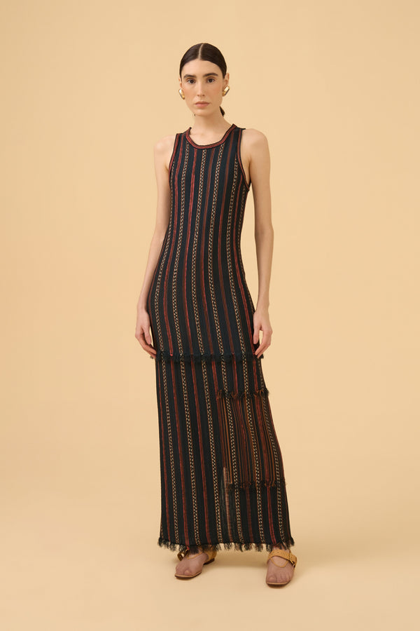 Vestido Reto Detalhe Franjas Em Tricot Comb. Verde Escuro
