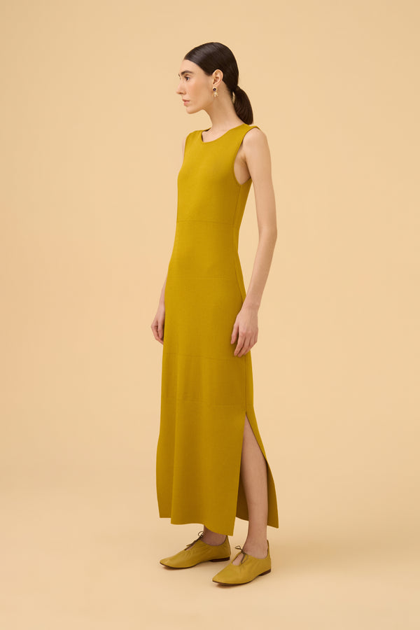 Vestido Midi Listrado Detalhe Em Tricot Azeite