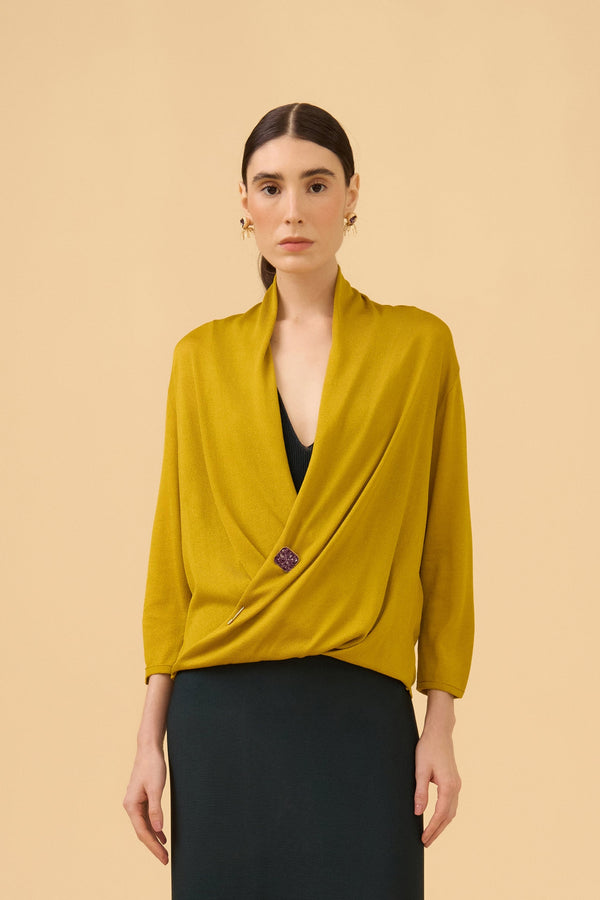 Blusa Manga Longa Com Torção Em Tricot Azeite