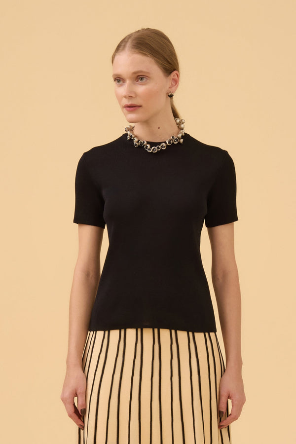 Blusa Manga Curta Mescla Em Tricot Preto Mescla