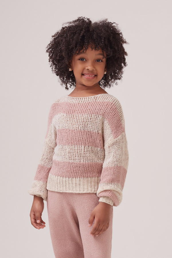 Blusa Infantil Decote Canoa Listrada Em Tricot Rosa Retrô