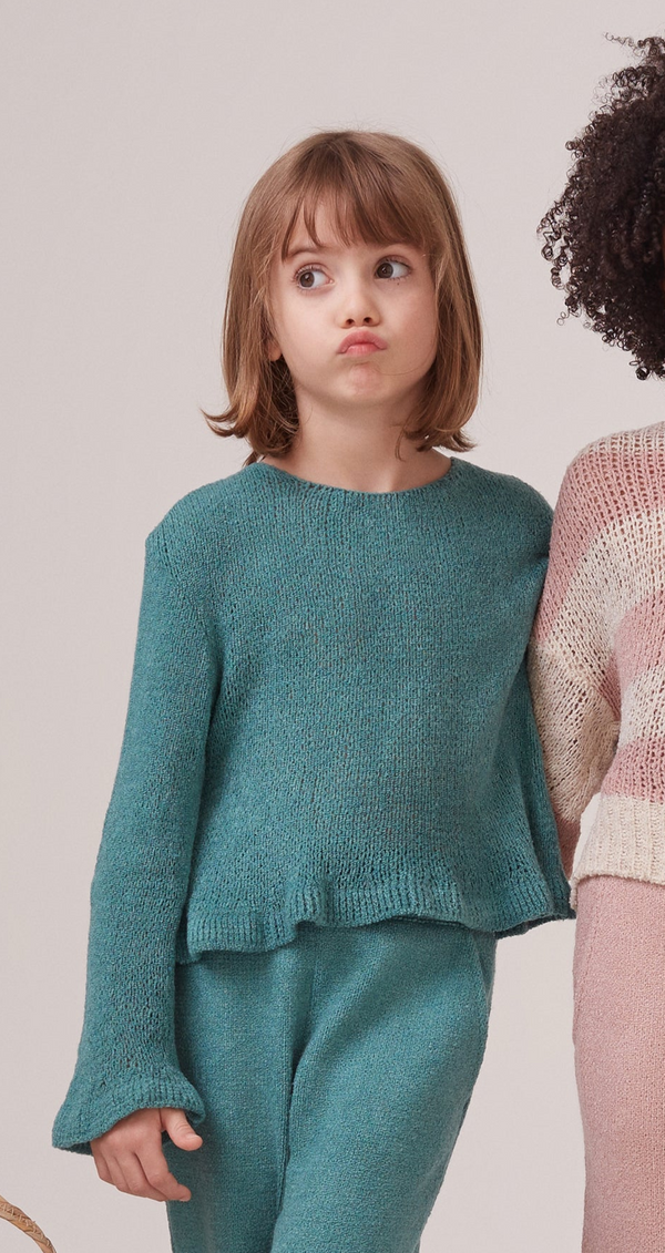 Blusa Infantil Manga Longa Detalhe No Punho Em Tricot Coral Azul