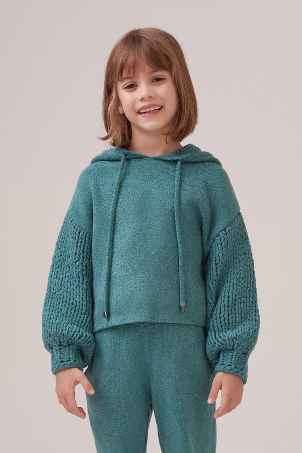 Blusa Infantil Em Tricot Manga Artesanal Coral Azul