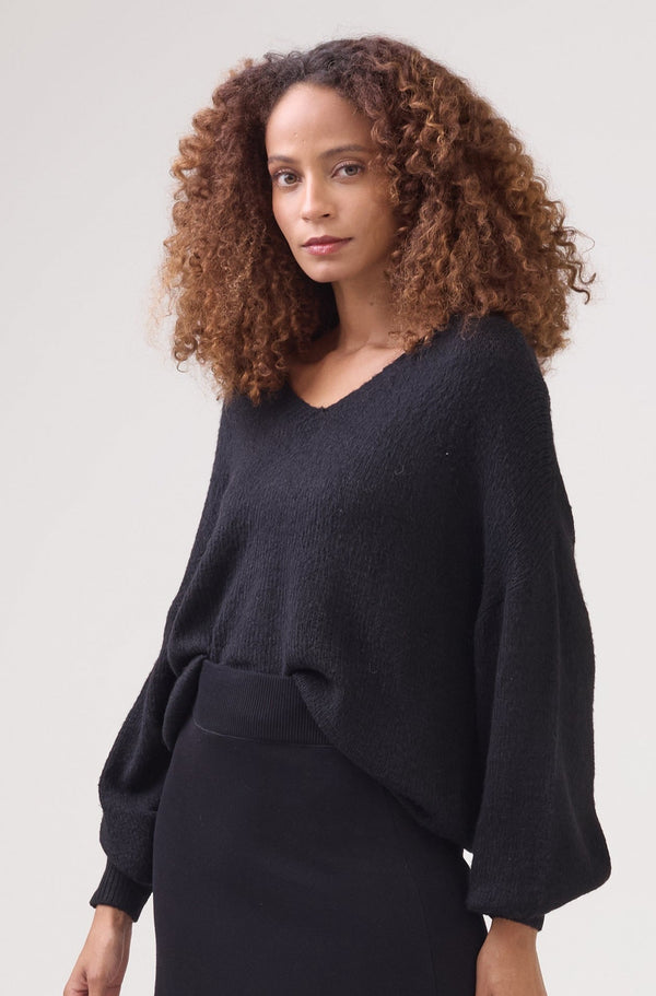 Blusa Decote Careca Manga Volume Em Tricot Preto