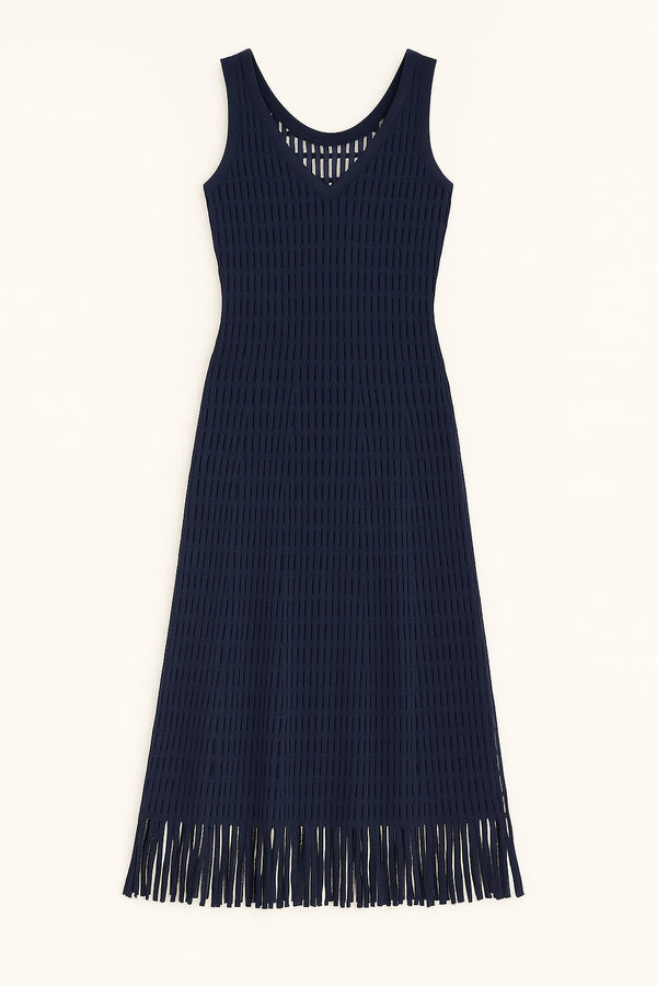 Vestido Tricot Geométrico Mescla Com Transparência Mistic Blue Mescla