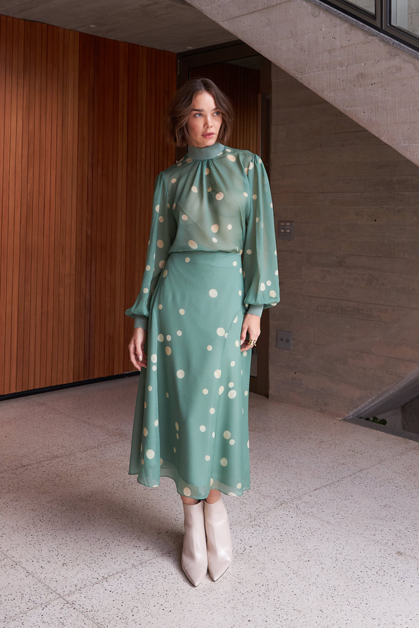 Blusa Estampada Manga Longa Transparência Poa Alecrim