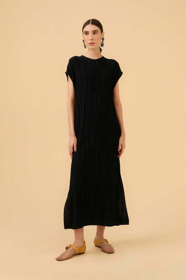 Vestido Longuete Gola Alta Sem Manga Em Tricot Preto