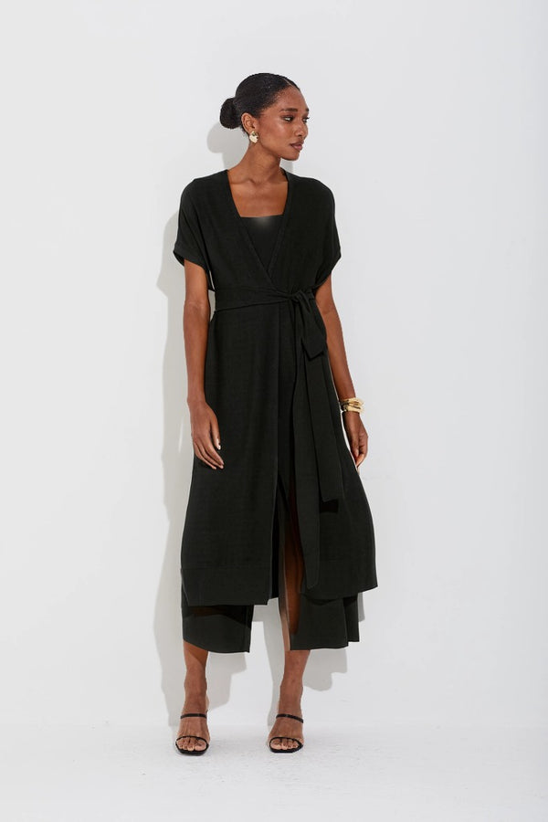 Colete Longo Em Tricot Piquet Com Fendas Preto