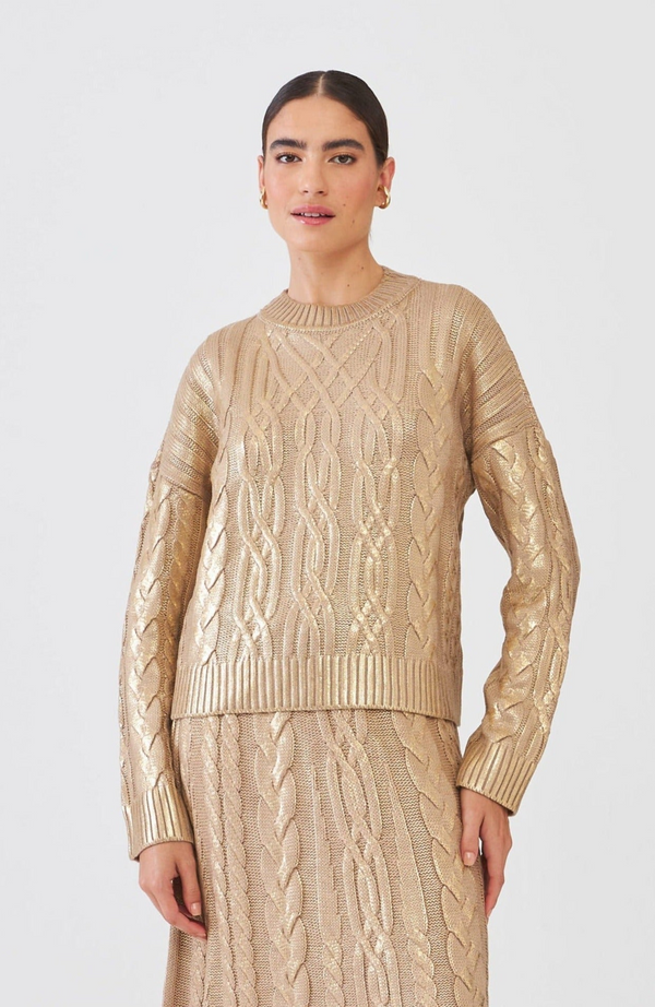 Blusa Em Tricot Tranças Com Foil Bege Ouro Velho