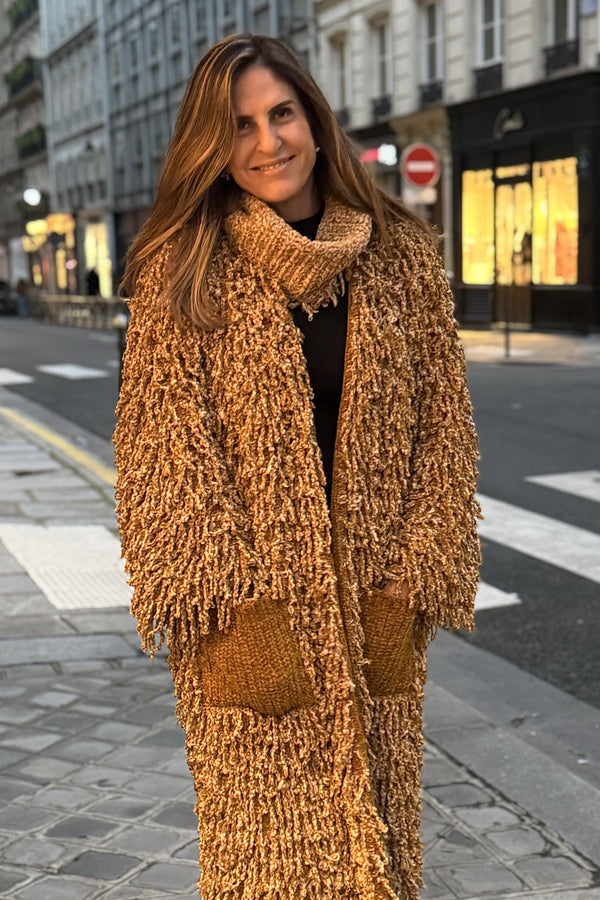Casaco Franjas Veludo Em Tricot Comb. Azeite