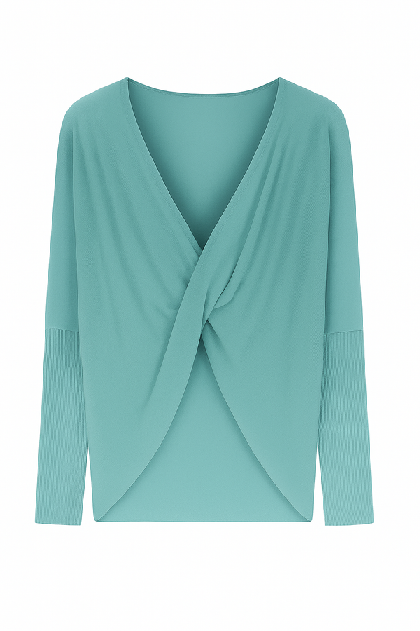 Blusa Ampla Decote Torcido Em Tricot Light Turquesa
