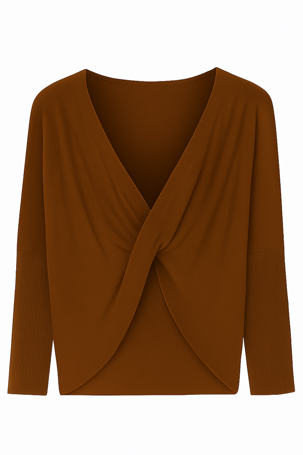 Blusa Ampla Decote Torcido Em Tricot Mocha Brown