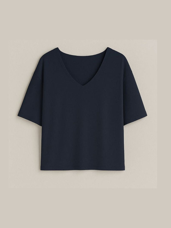 Blusa Em Crepe De Malha Com Decote Em V Navy Classico
