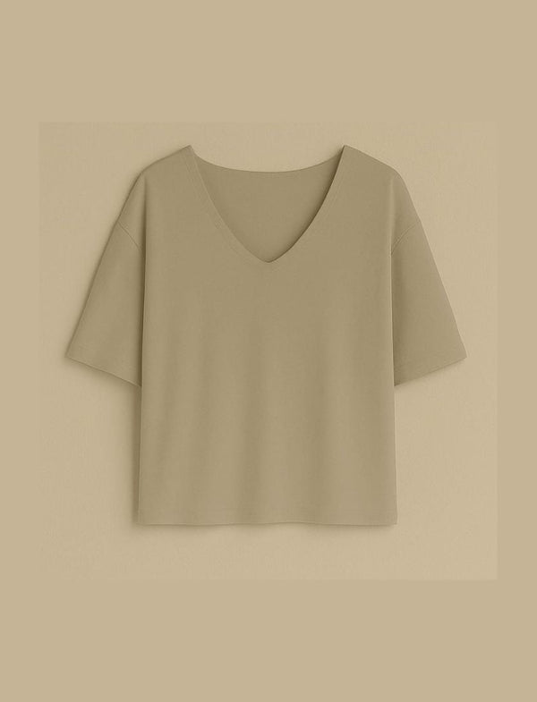 Blusa Em Crepe De Malha Com Decote Em V Bege Classico