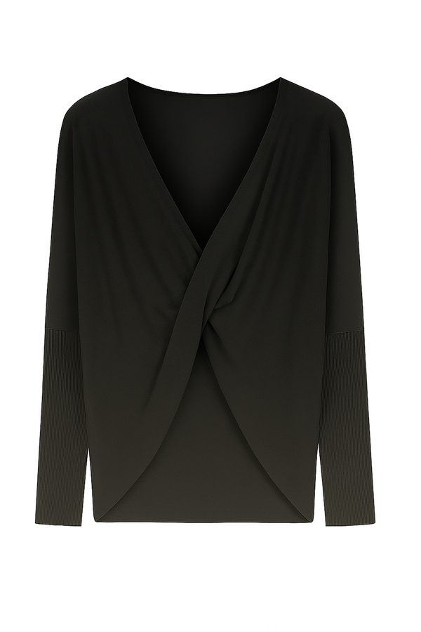 Blusa Ampla Decote Torcido Em Tricot Preto