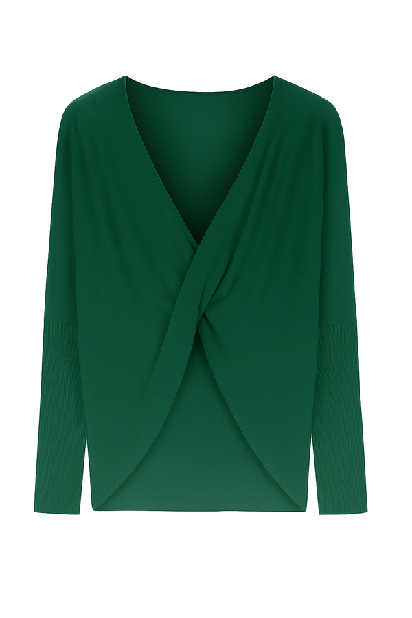Blusa Ampla Decote Torcido Em Tricot Verde Esmeralda