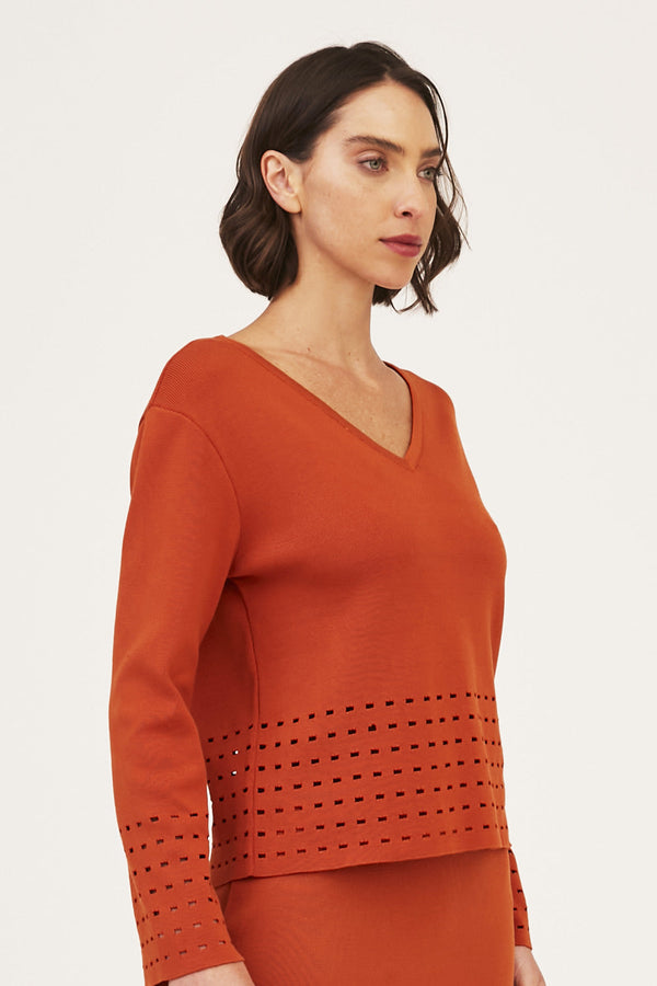 Blusa Manga Longa Em Tricot Detalhes Vazados Carrot