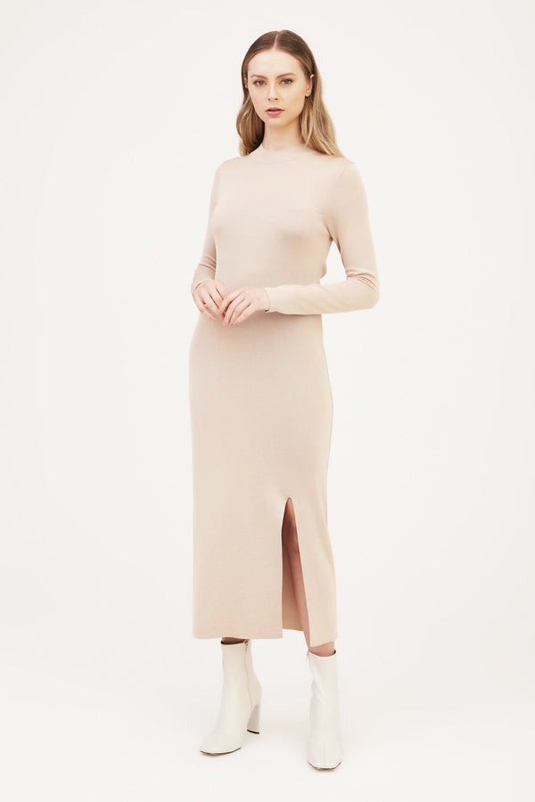 Vestido Midi Em Tricot Com Fenda E Transparência Grape Sand