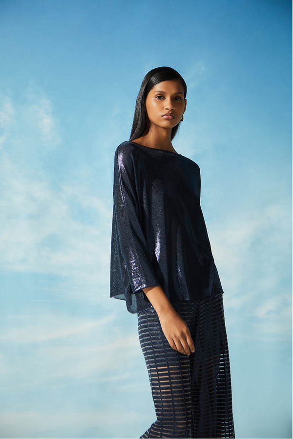 Blusa Manga 3/4 Em Tricot Foil Azul Marinho