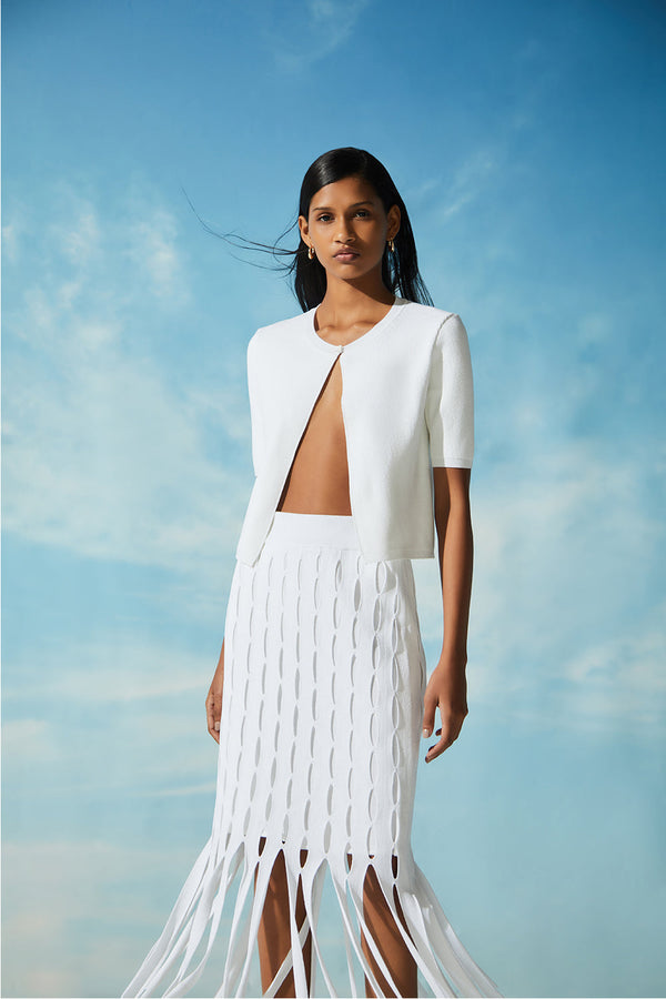 Saia Com Franjas Em Tricot Vazados Off-White