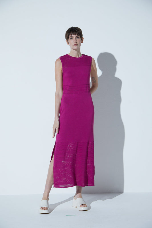 Vestido Em Tricot Detalhes Telados Fucsia