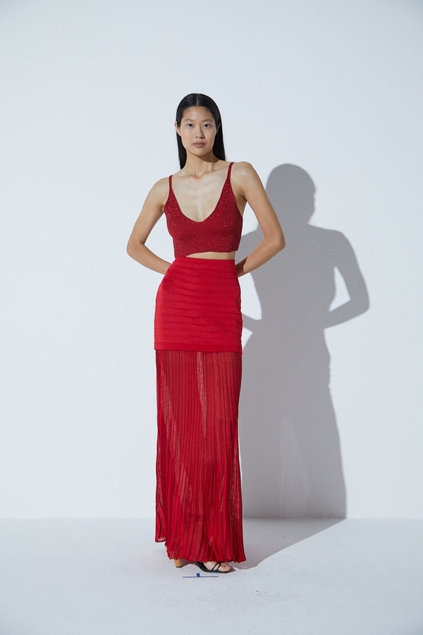 Saia Com Pala Em Tricot Nervura Vermelho