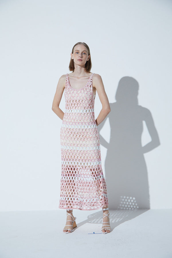 Vestido Midi Em Tricot Telado Multicolor Pink