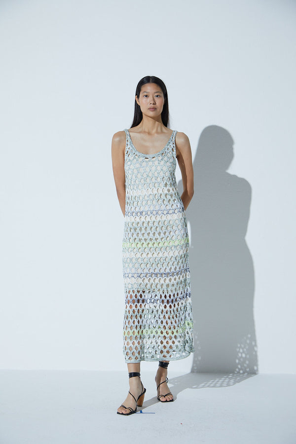 Vestido Midi Em Tricot Telado Multicolor Verde