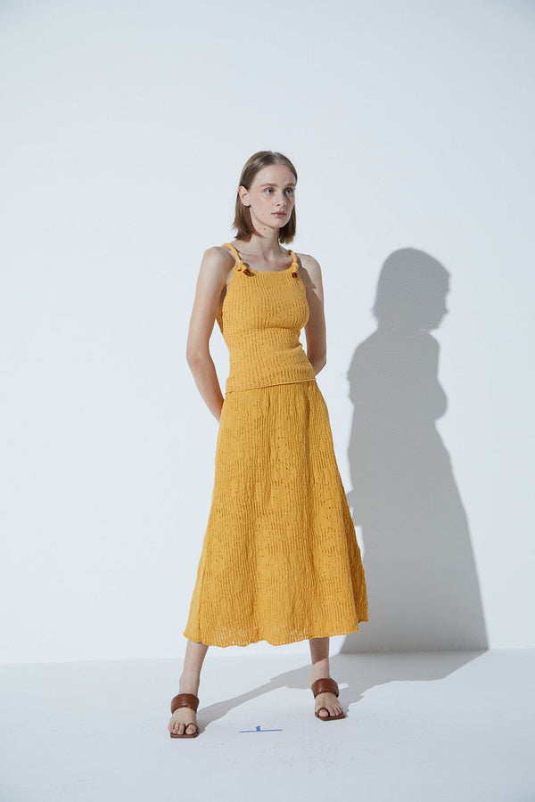 Saia Midi Godê Em Tricot Rendado Floral Amarelo