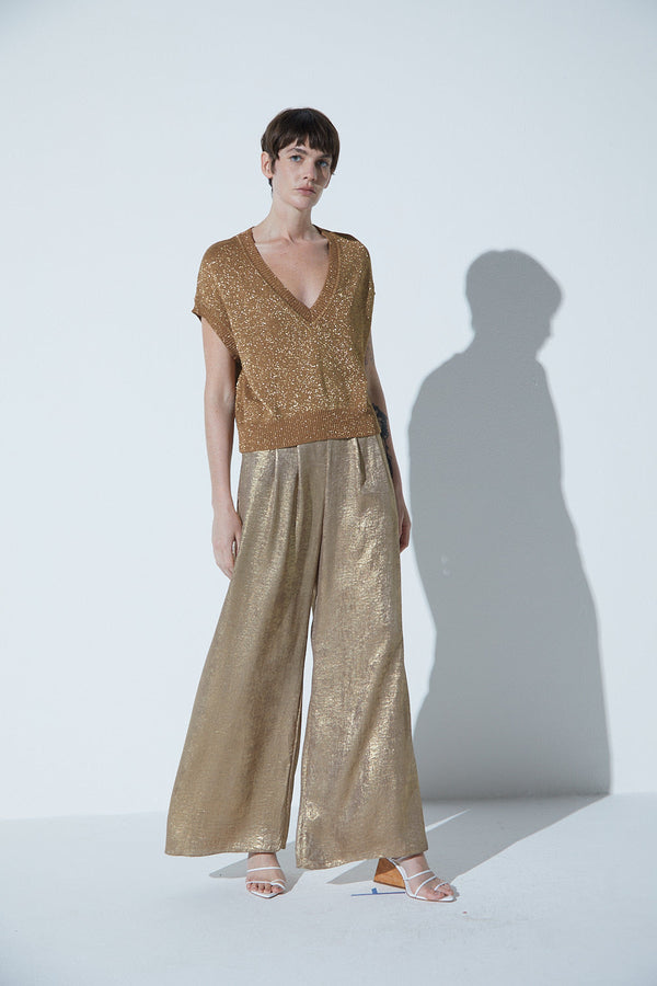 Blusa Lurex Decote V Sem Mangas Em Tricot Gold