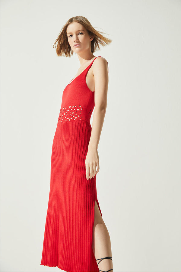 Vestido Detalhe Rendado Em Tricot Vermelho