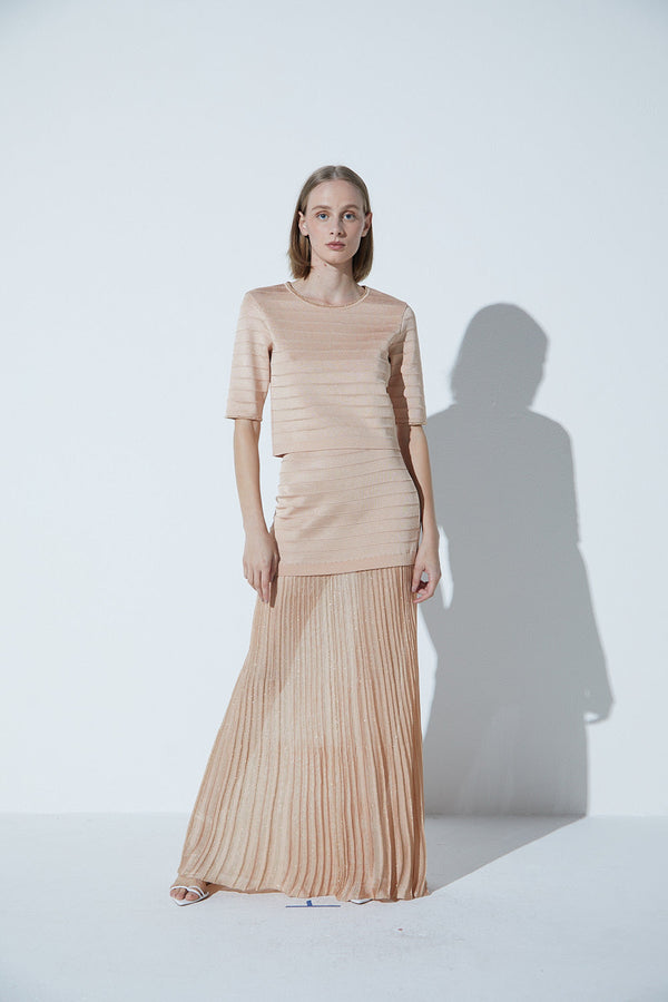 Blusa Manga Curta Em Tricot Nervura Champagne