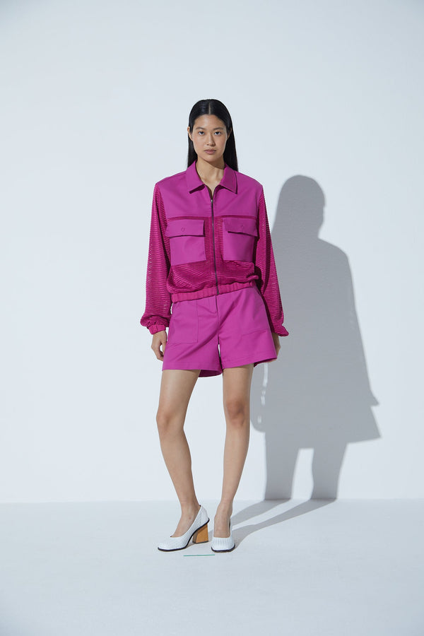 Jaqueta Em Tricot Com Bolsos Fucsia