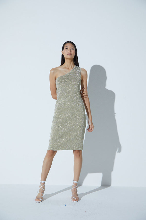 Vestido Ombro Só Em Tricot Lurex Silver Gold