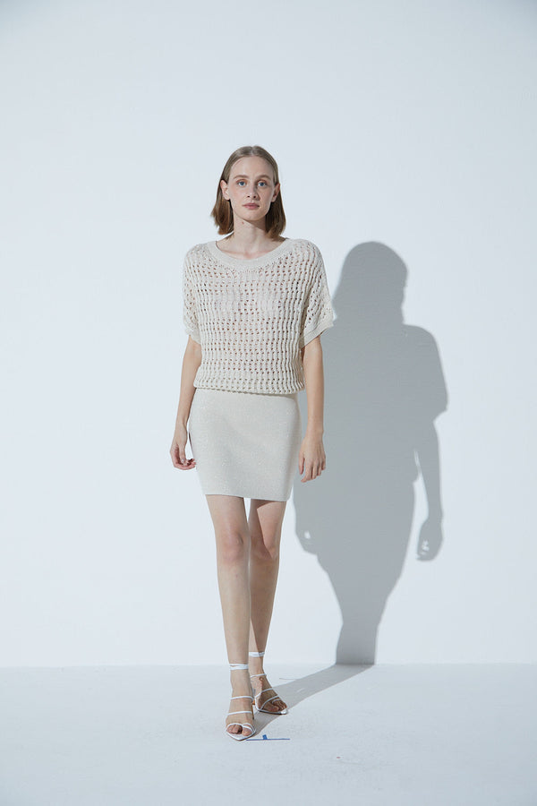 Vestido Curto Em Tricot Rendado Lurex