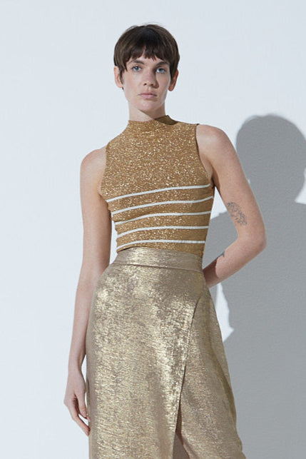 Top Com Listras Lurex Em Tricot Gold