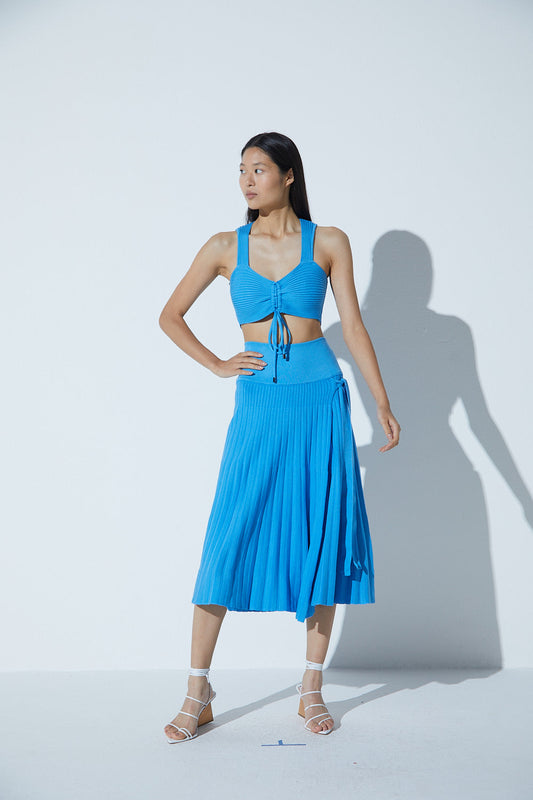 Saia Plissada Em Tricot Azul