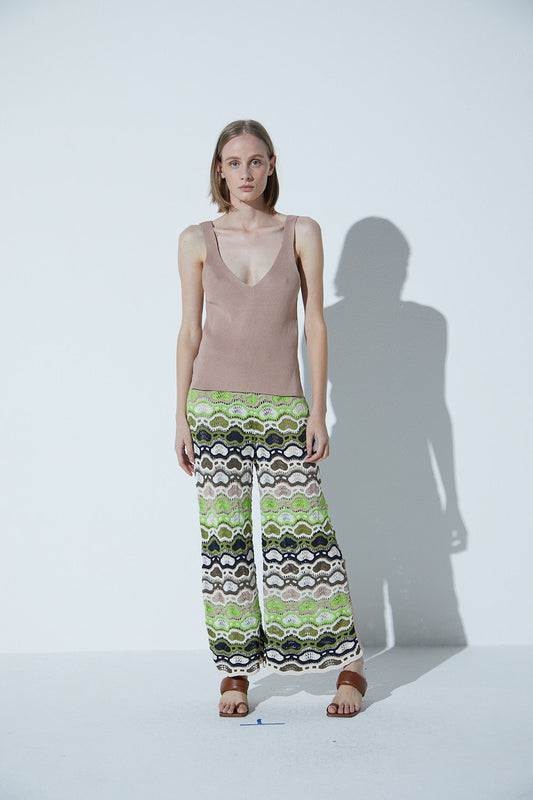 Calça Cropped Em Tricot Mix Tropical Neutro