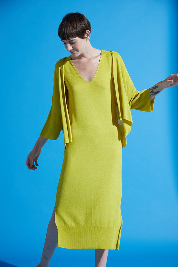 Vestido Midi Em Tricot Decote V Maçã Verde