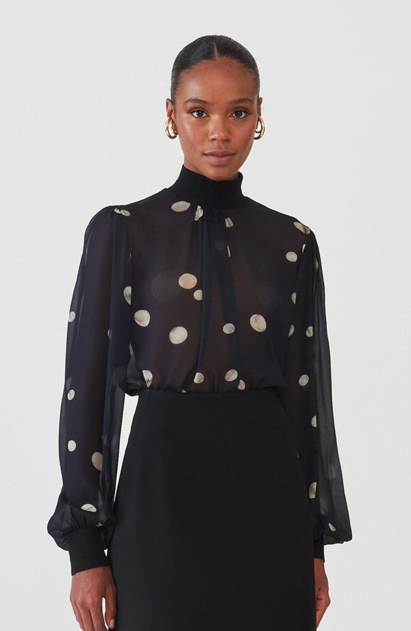 Blusa Estampada Manga Longa Transparência Poa Preto