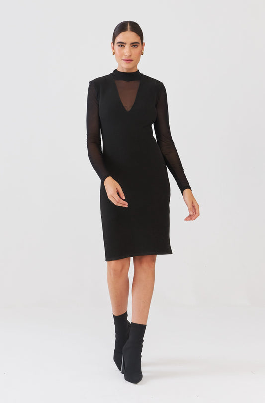 Vestido Em Tricot Com Transparência Preto