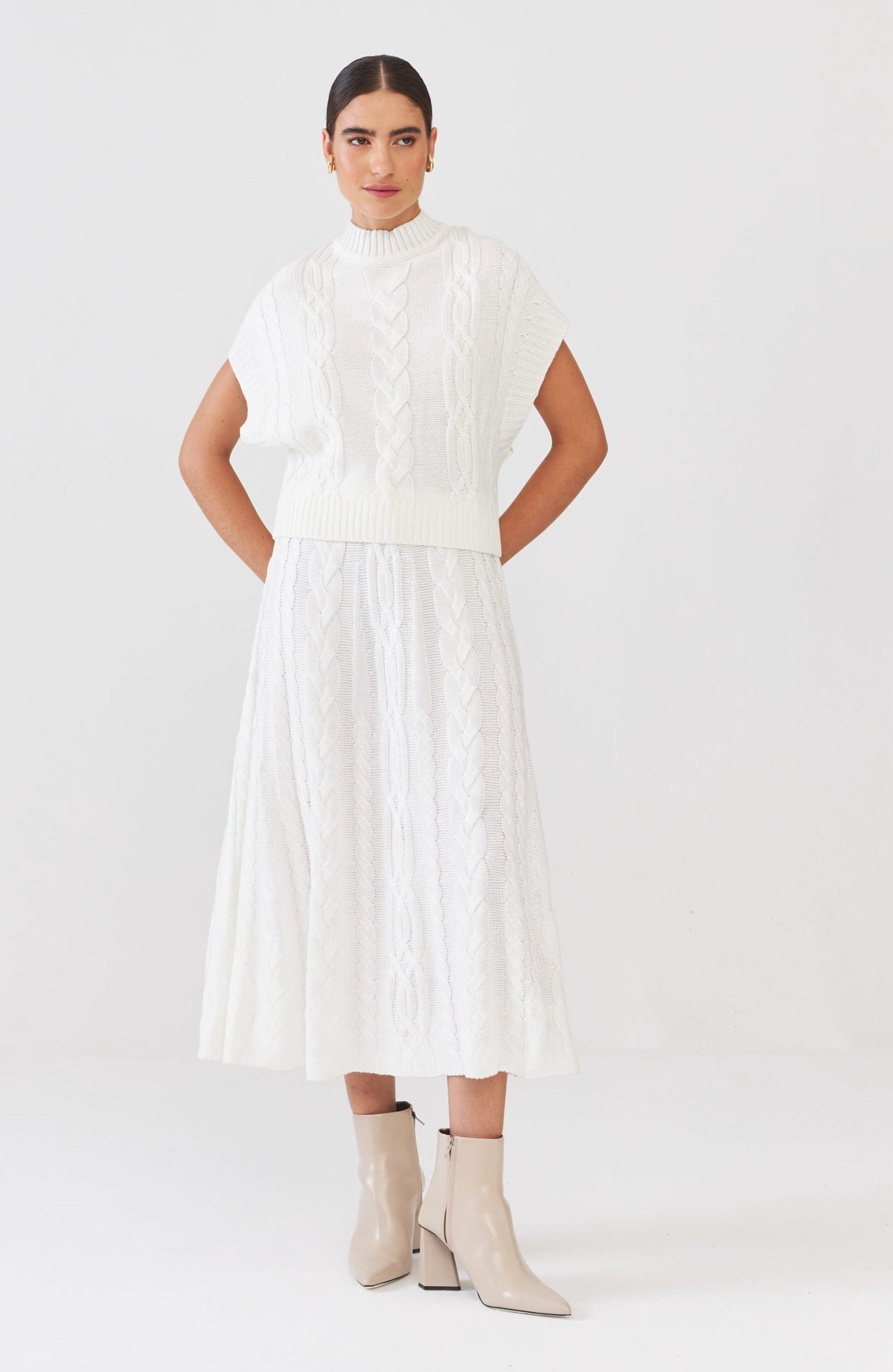 Saia Midi Em Tricot Tranças Com Foil Off White