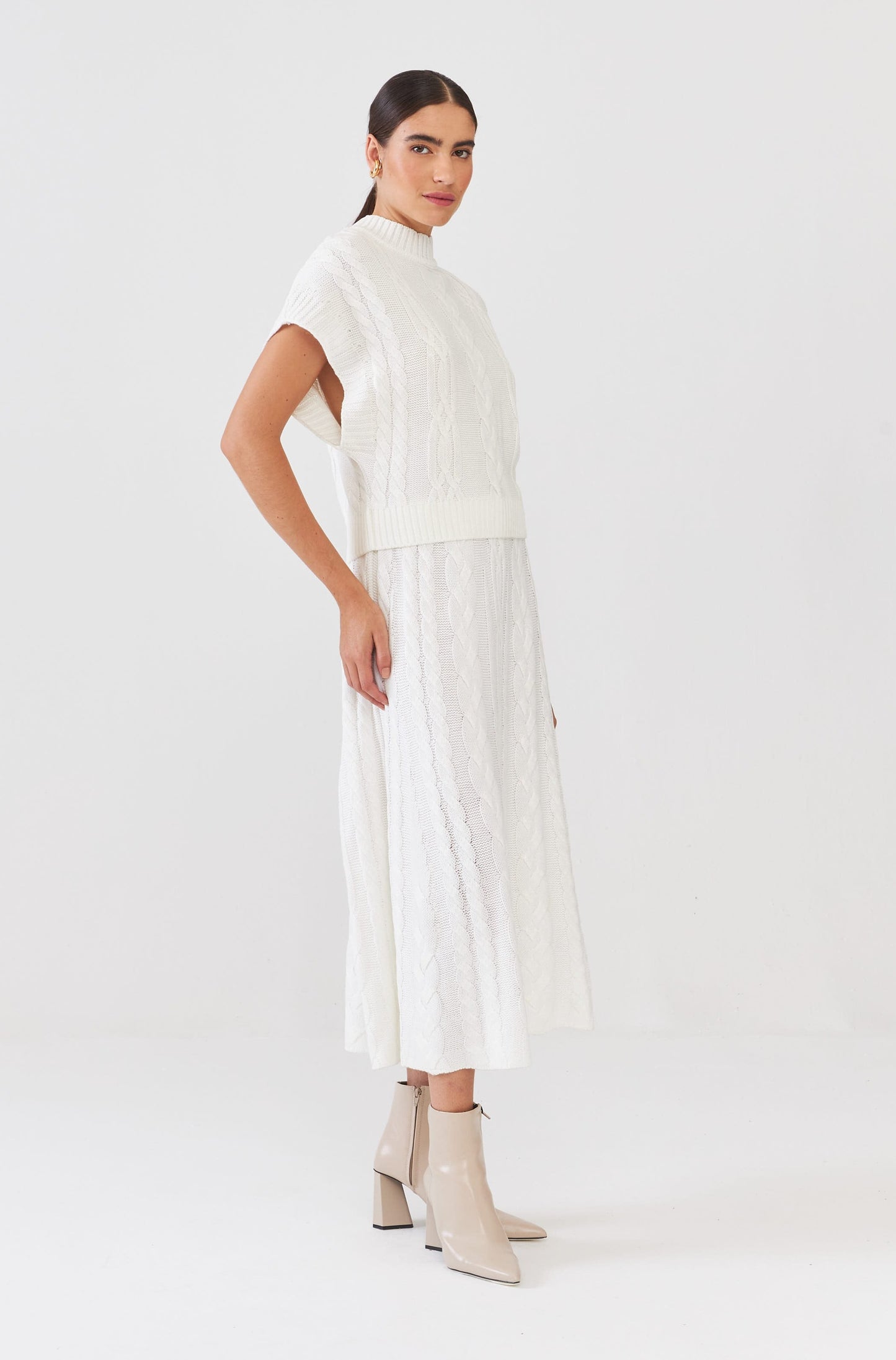 Saia Midi Em Tricot Tranças Com Foil Off White